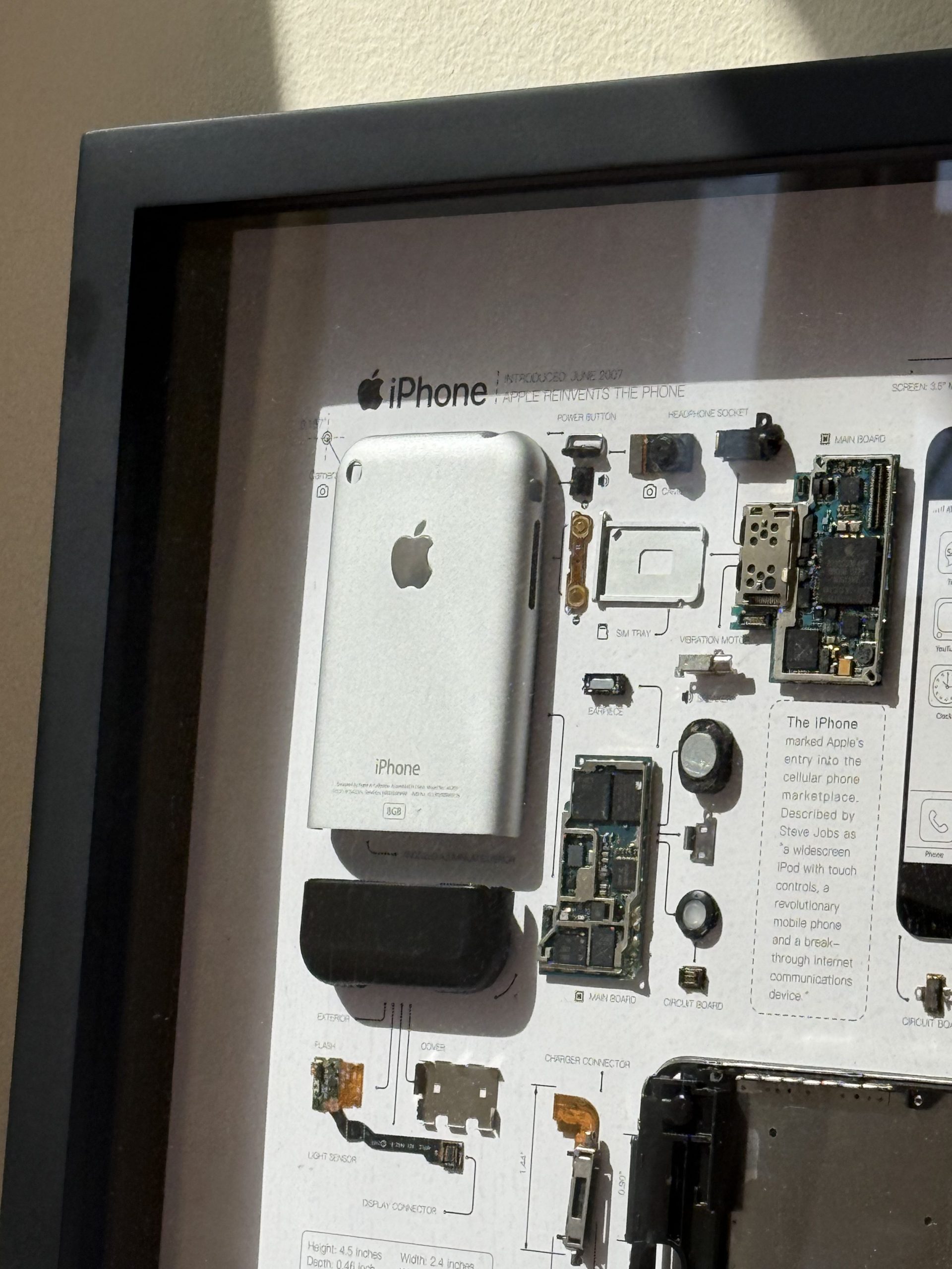 Picture of the original iPhone in a frame with the iPhone 16 Pro Max at 5X telephoto